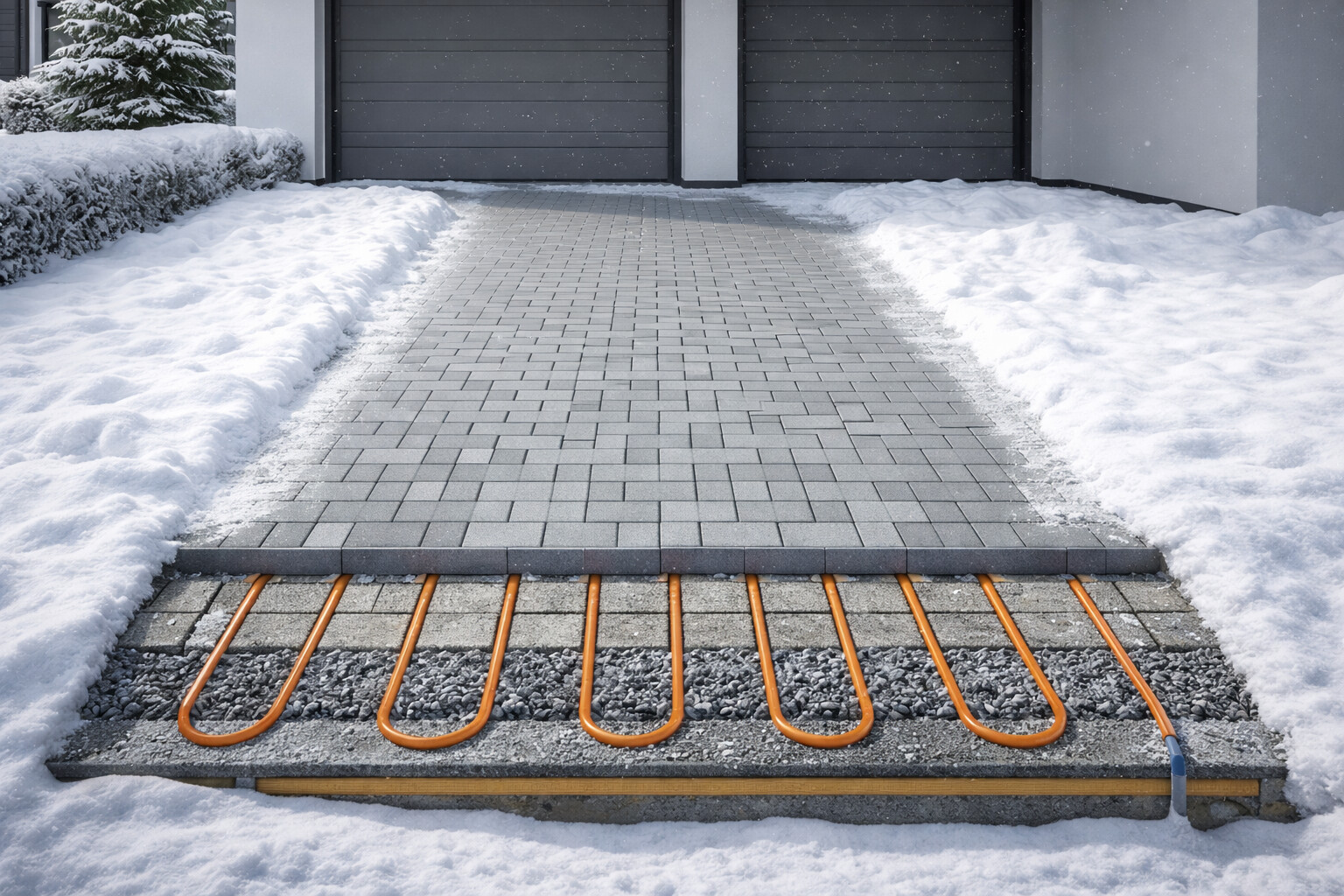 Wizualizacja ogrzewanego podjazdu ThermoGrid z rurami PEX pod kostką brukową