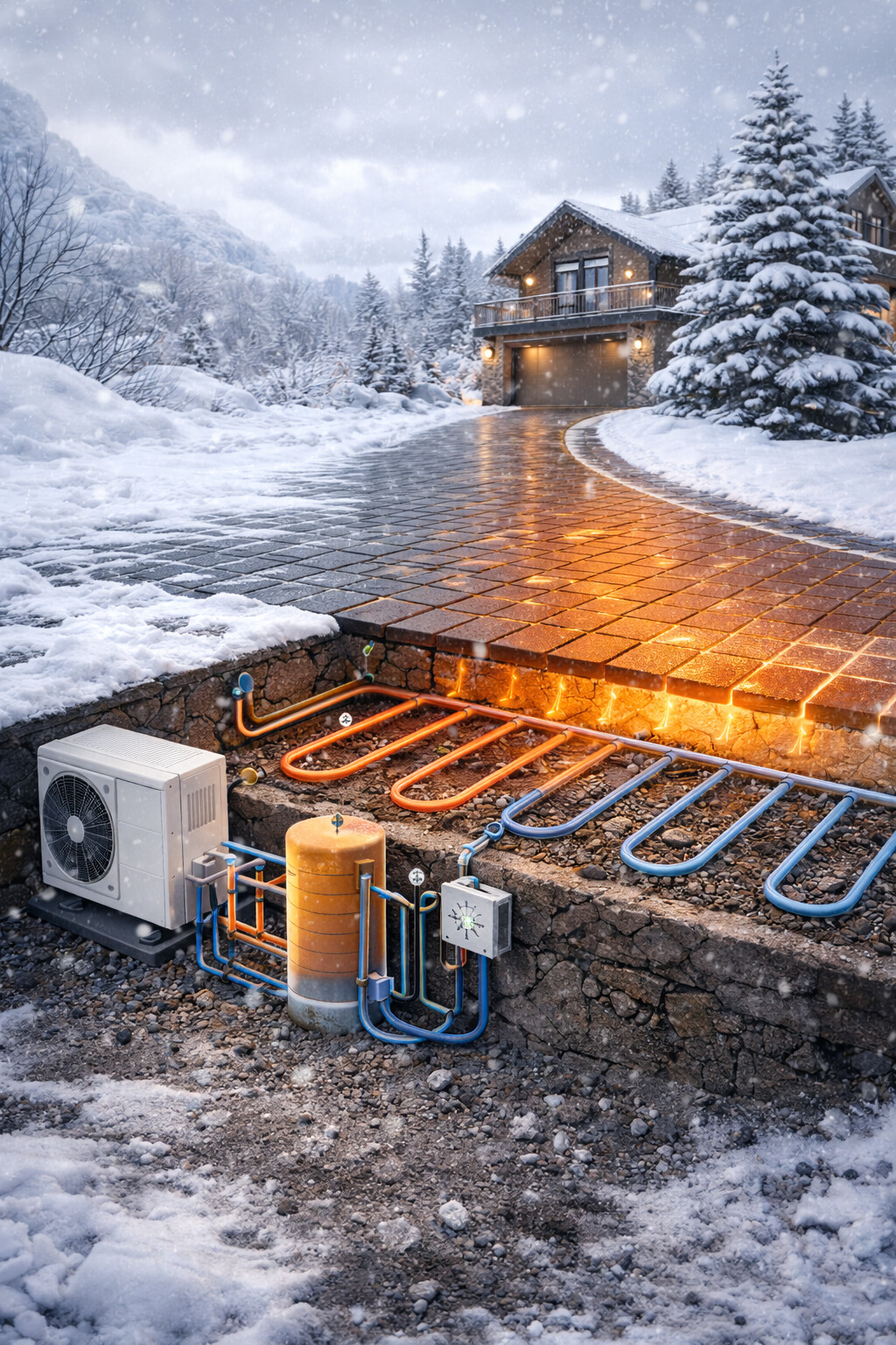 Przekrój podjazdu z systemem ogrzewania ThermoGrid – rury PEX z glikolem, bufor ciepła i źródło ogrzewania